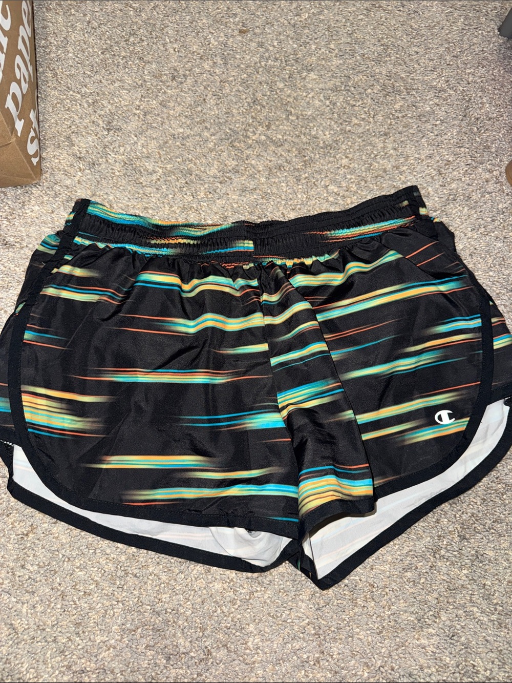 Champion Black Athletic Shorts with Teal & Gold Stripe Accents